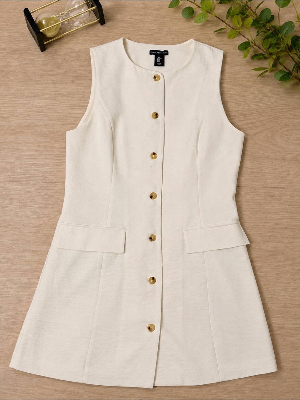 Sincerely Jules Cream Sleeveless Button-Front Mini Dress with Gold Buttons